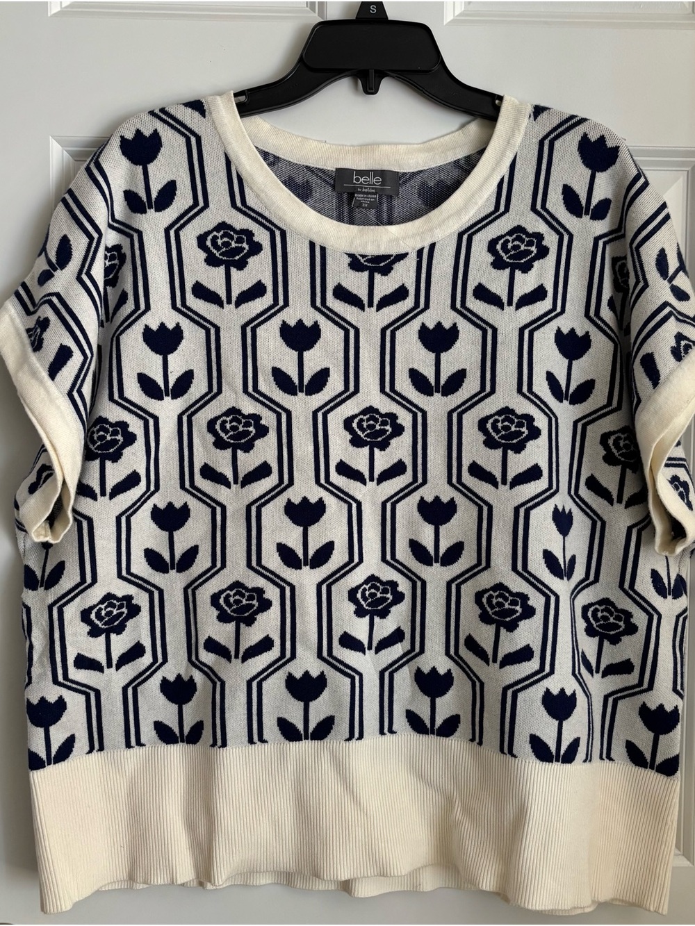 belle Cream and Navy Floral Geometric Short-Sleeve Sweater